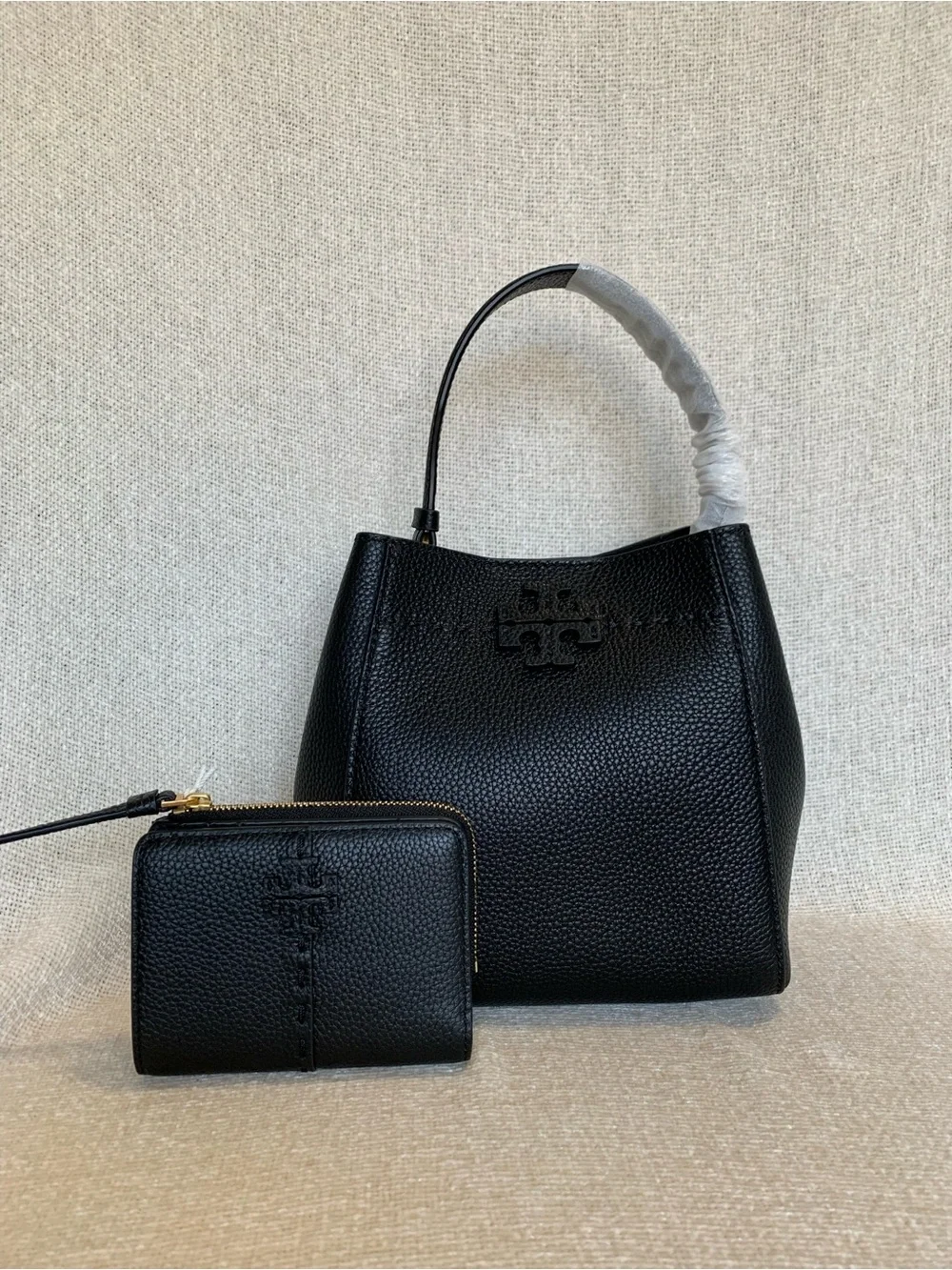 Tory Burch Mcgraw Black Pebbled Leather Small Bucket Tote Bag + Bi-fold Wallet